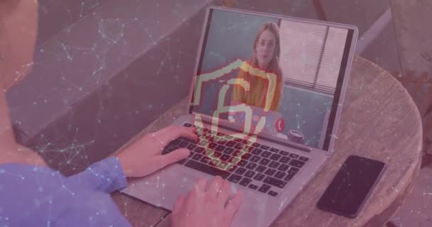 Animație Lacăt Securitate Line Rețea Conexiuni Peste Femeie Folosind Laptop — Videoclip de stoc