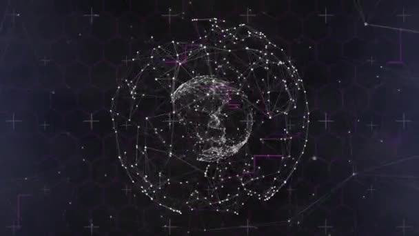 보라색 배경에 육각형 모양과 반대로 회전하는 연결의 지구본 글로벌 워킹과 — 비디오