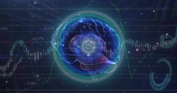 Cérebro Humano Girando Sobre Scanner Néon Redondo Contra Processamento Dados — Vídeo de Stock