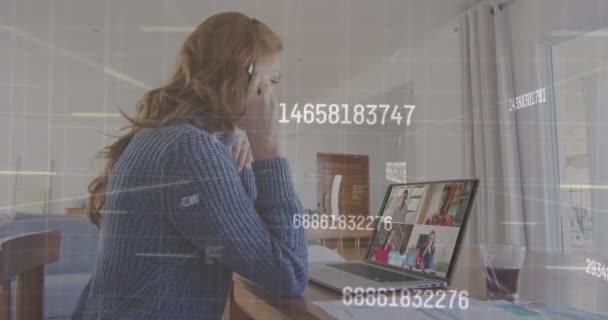 Animation Numbers Changing Woman Using Laptop Video Call Background Digital — Stock Video