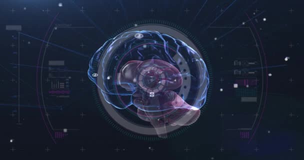 人脑在黑色背景下旋转的扫描动画 数字接口全球科学 连接和通信概念数字生成视频 — 图库视频影像