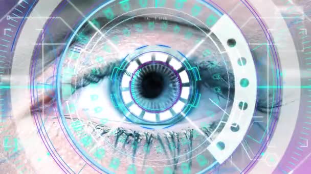 Neon Rundscanner Und Digitale Schnittstelle Gegen Nahaufnahme Des Menschlichen Auges — Stockvideo