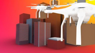 Sarı ve turuncu renkli arka planda şehir manzarasına karşı kutuları taşıyan çoklu dronlar. mimari ve lojistik ulaşım kavramı.