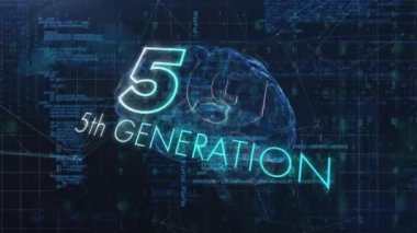 Mavi arkaplandaki bağlantı ağına karşı insan beyni üzerinde dönen 5g metin