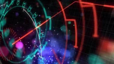 Siyah arkaplandaki ışık lekelerine karşı şebeke ağı üzerinde yuvarlak tarayıcı. bilgisayar arayüzü teknolojisi kavramı