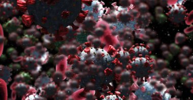 Kırmızı zemin üzerinde DNA gerilimi olan makro Covid-19 hücrelerinin dijital çizimi. Coronavirus Covid-19 pandemik konsept dijital bileşik