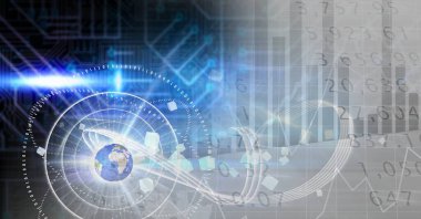 Veri işleme üzerinde bir kürenin dijital illüstrasyonu, arkaplanda gösterilen istatistikler.