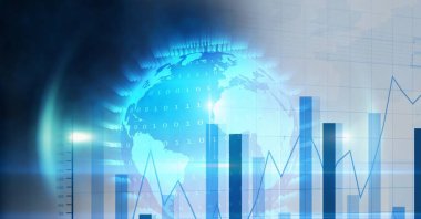 Veri işleme üzerinde bir kürenin dijital illüstrasyonu, arka planda istatistikler görülüyor. Halk sağlığı salgını Coronavirus Covid 19 salgın konsepti dijital bileşik.