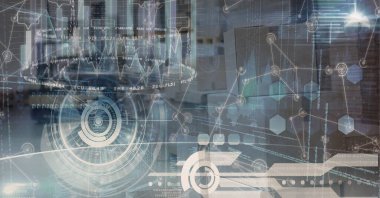 Veri işleme ile başlayan bir uçağın dijital illüstrasyonu, arka planda bir şehir manzarası üzerinde istatistikler gösteriliyor. Coronavirus Covid-19 salgını sırasında küresel iş ve dağıtım dijital kompozit.