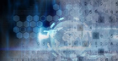 Veri işleme üzerinde bir kürenin dijital illüstrasyonu, arka planda istatistikler görülüyor. Halk sağlığı salgını Coronavirus Covid 19 salgın konsepti dijital bileşik.