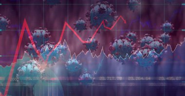 Yüzen makro Covid-19 hücrelerinin dijital çizimi, yüz maskesi takan üç boyutlu bir insan vücudu modeli üzerine borsa istatistikleri. Coronavirus Covid-19 dijital olarak üretilen pandemik konsept
