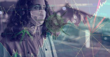 Veri işleme üzerinde Coronavirus Covid-19 hücresinin dijital çizimi, arka planda istatistikler görülüyor. Halk sağlığı salgını Coronavirus Covid 19 salgın konsepti dijital bileşik.