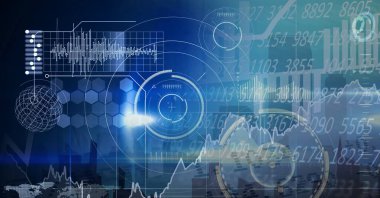 Veri işleme üzerinde insan gözü olan bir uçağın dijital çizimi, arka planda istatistikler gösteriyor. Halk sağlığı salgını Coronavirus Covid 19 salgın konsepti dijital bileşik.