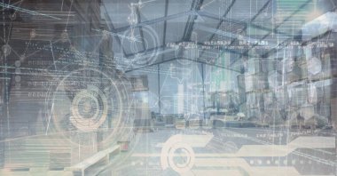 Veri işleme ile başlayan bir uçağın dijital illüstrasyonu, arka planda bir şehir manzarası üzerinde istatistikler gösteriliyor. Coronavirus Covid-19 salgını sırasında küresel iş ve dağıtım dijital kompozit.