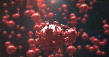 Kırmızı zemin üzerinde DNA gerilimi olan makro Covid-19 hücrelerinin dijital çizimi. Coronavirus Covid-19 pandemik konsept dijital bileşik