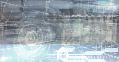 Veri işleme ile başlayan bir uçağın dijital illüstrasyonu, arka planda bir şehir manzarası üzerinde istatistikler gösteriliyor. Coronavirus Covid-19 salgını sırasında küresel iş ve dağıtım dijital kompozit.