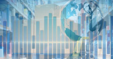 Veri işleme ile başlayan bir uçağın dijital illüstrasyonu, arka planda bir şehir manzarası üzerinde istatistikler gösteriliyor. Coronavirus Covid-19 salgını sırasında küresel iş ve dağıtım dijital kompozit.