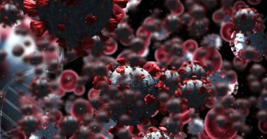 Kırmızı zemin üzerinde DNA gerilimi olan makro Covid-19 hücrelerinin dijital çizimi. Coronavirus Covid-19 pandemik konsept dijital bileşik
