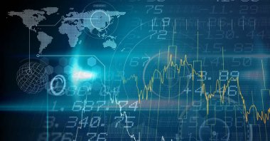 Veri işleme üzerinde insan gözü olan bir uçağın dijital çizimi, arka planda istatistikler gösteriyor. Halk sağlığı salgını Coronavirus Covid 19 salgın konsepti dijital bileşik.