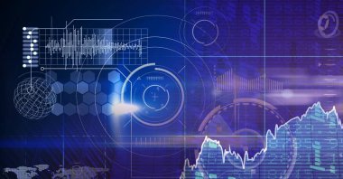 Veri işleme üzerinde insan gözü olan bir uçağın dijital çizimi, arka planda istatistikler gösteriyor. Halk sağlığı salgını Coronavirus Covid 19 salgın konsepti dijital bileşik.
