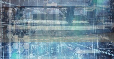 Veri işleme ile başlayan bir uçağın dijital illüstrasyonu, arka planda bir şehir manzarası üzerinde istatistikler gösteriliyor. Coronavirus Covid-19 salgını sırasında küresel iş ve dağıtım dijital kompozit.