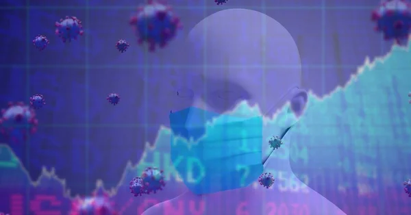 Ψηφιακή Απεικόνιση Μακροεντολών Κυττάρων Covid Που Επιπλέουν Στατιστικές Χρηματιστηρίου Πάνω — Φωτογραφία Αρχείου