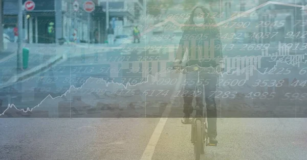 Digital Illustration Woman Wearing Face Mask Riding Bike Data Processing — Stock Photo, Image