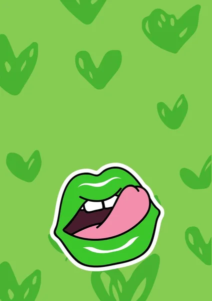 緑色の背景に複数の緑色のハートパターンに舌が突き出ている緑の唇 聖パトリックのデー セレブレーションのコンセプトは — ストック写真