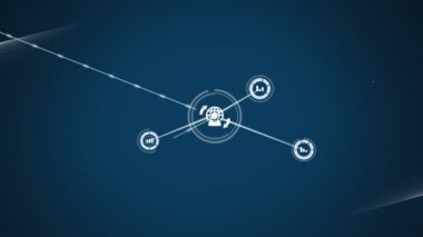 Bağlı insanların, dünya simgelerinin ve siyah üzerine beyaz çizgilerin oluşturduğu arayüzün animasyonu. iletişim teknolojisi dijital arayüz kavramı, dijital olarak oluşturulmuş video.