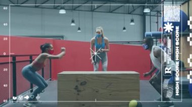 Yüz maskesi takan çeşitli grupların grafiklerinin ve istatistiklerinin animasyonu. Dijital olarak üretilen küresel covid 19salgın konsepti.