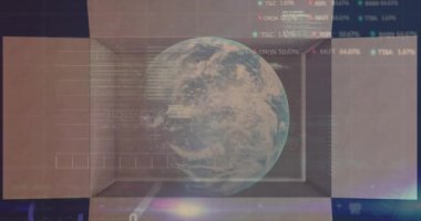 Dünya ve karton kutu üzerinde finansal veri işleme animasyonu. Dijital olarak oluşturulan küresel gönderim ve dağıtım konsepti.