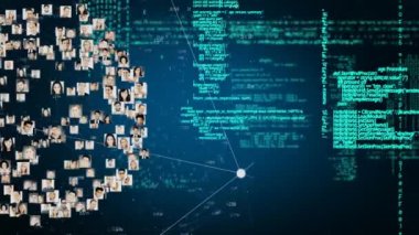 Birbirine bağlı insanların görüntülerinin hareket eden küresiyle bilgi ve verileri gösteren arayüz animasyonu. iletişim teknolojisi dijital arayüz kavramı, dijital olarak oluşturulmuş video.