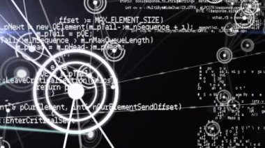 Bilgi animasyonu ve siyah arkaplan üzerinde hareket eden beyaz noktalar ağı. Küresel iletişim dijital arayüz kavramı, dijital olarak üretilen video. noktalar