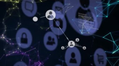 Birbirine bağlı insan simgelerinden oluşan bir ağın animasyonu ve siyahla ilgili bilgiler. küresel iletişim dijital arayüz kavramı, dijital olarak oluşturulmuş video.