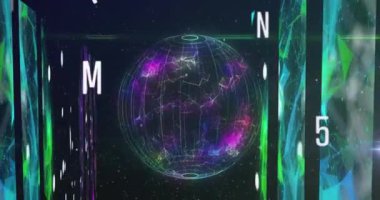 Harflerin ve sayıların animasyonu dönen dünya ve dijital ekran üzerinde. küresel teknoloji ve veri işleme kavramı dijital olarak oluşturulmuş video.