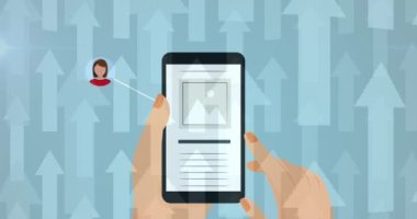 Dijital simgelerle ağ animasyonu ve oklu akıllı telefon kullanan kişi. küresel teknoloji, bağlantı ve iletişim konsepti dijital olarak oluşturulmuş video.