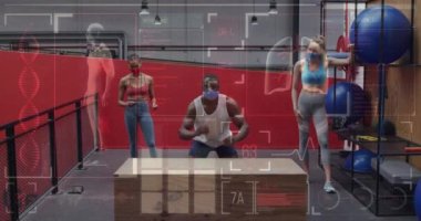 Yüz maskesi takan çeşitli grupların grafiklerinin ve istatistiklerinin animasyonu. Dijital olarak üretilen küresel covid 19salgın konsepti.