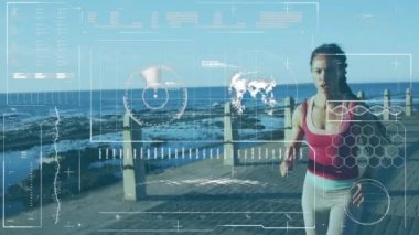 Deniz kenarında koşu yapan kadın hakkındaki istatistik ve grafiklerin animasyonu. Dijital arayüz küresel spor ve performans konsepti dijital olarak oluşturulmuş video.