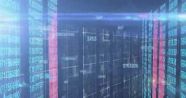 Bilgisayar sunucularıyla teknoloji odasında değişen numaraların animasyonu. küresel teknoloji veri işleme kavramı dijital olarak oluşturulmuş video.