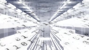 Bilgisayar sunucularıyla teknoloji odasında değişen ikili kodlama numaralarının animasyonu. küresel teknoloji veri işleme kavramı dijital olarak oluşturulmuş video.