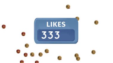 Değişen numaraların animasyonu ve beyaz arkaplan üzerinde emojiler olan mavi afişlerle yazılmış metinleri seviyor. küresel sosyal medya ağı, bağlantı ve iletişim konsepti dijital olarak oluşturulmuş video.