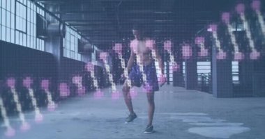 Afro-Amerikan bir adamın ip atlarken kullandığı DNA daralmasının dijital videosu. tıbbi araştırma ve spor konsepti