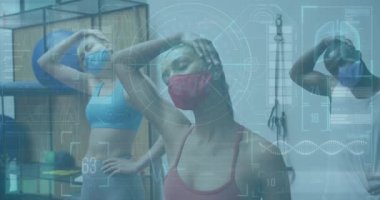 Yüz maskesi takan çeşitli grupların grafiklerinin ve istatistiklerinin animasyonu. Dijital olarak üretilen küresel covid 19salgın konsepti.