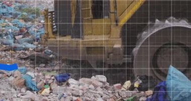 Buldozer atık alanı üzerinde ilerleyen mavi çizgilerin animasyonu. Çevre, küresel ısınma ve iklim değişikliği kavramı dijital olarak oluşturulmuş video.