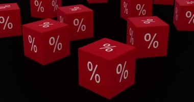 Grafikler ve istatistikler üzerinde yüzde yüz işaretli kırmızı küplerin animasyonu. dijital arayüz küresel finans ve iş konsepti dijital olarak oluşturulmuş video.