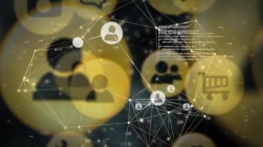 Siyahla ilgili bilgiye sahip birbirine bağlı insanların ve alışveriş ikonlarının animasyonu. küresel iletişim dijital arayüz kavramı, dijital olarak oluşturulmuş video.