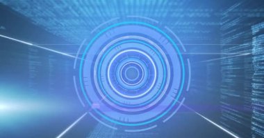 Mavi arkaplanda tarama ve veri işleme animasyonu. Dijital arayüz küresel bağlantı ve dijital olarak oluşturulan iletişim konsepti.