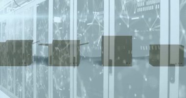 Karton kutular üzerinde hareket eden bilgisayar sunucuları üzerinden bağlantı ağının animasyonu. Dijital olarak oluşturulan küresel gönderim ve dağıtım konsepti.