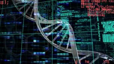3D DNA iplikçiklerinin animasyonu ve siyah arka planda bilimsel veri işleme. küresel bilim, bağlantı ve iletişim konsepti dijital olarak oluşturulmuş video.