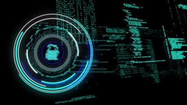 Siyah hakkında bilgisi olan dairesel dürbün ve asma kilit simgesinin animasyonu. iletişim teknolojisi dijital arayüz kavramı, dijital olarak oluşturulmuş video.